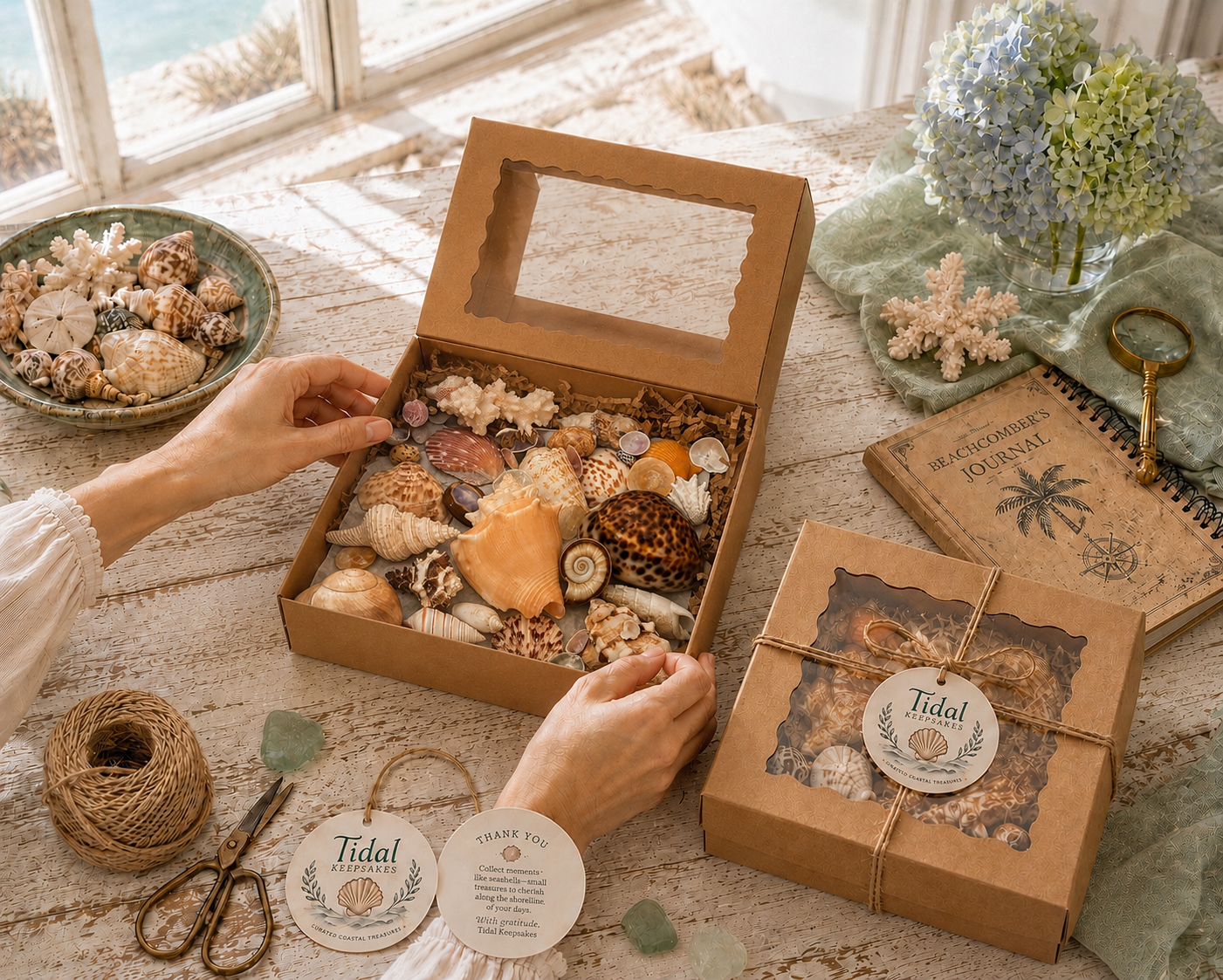 Collector shell box arranged with an abundance of finds