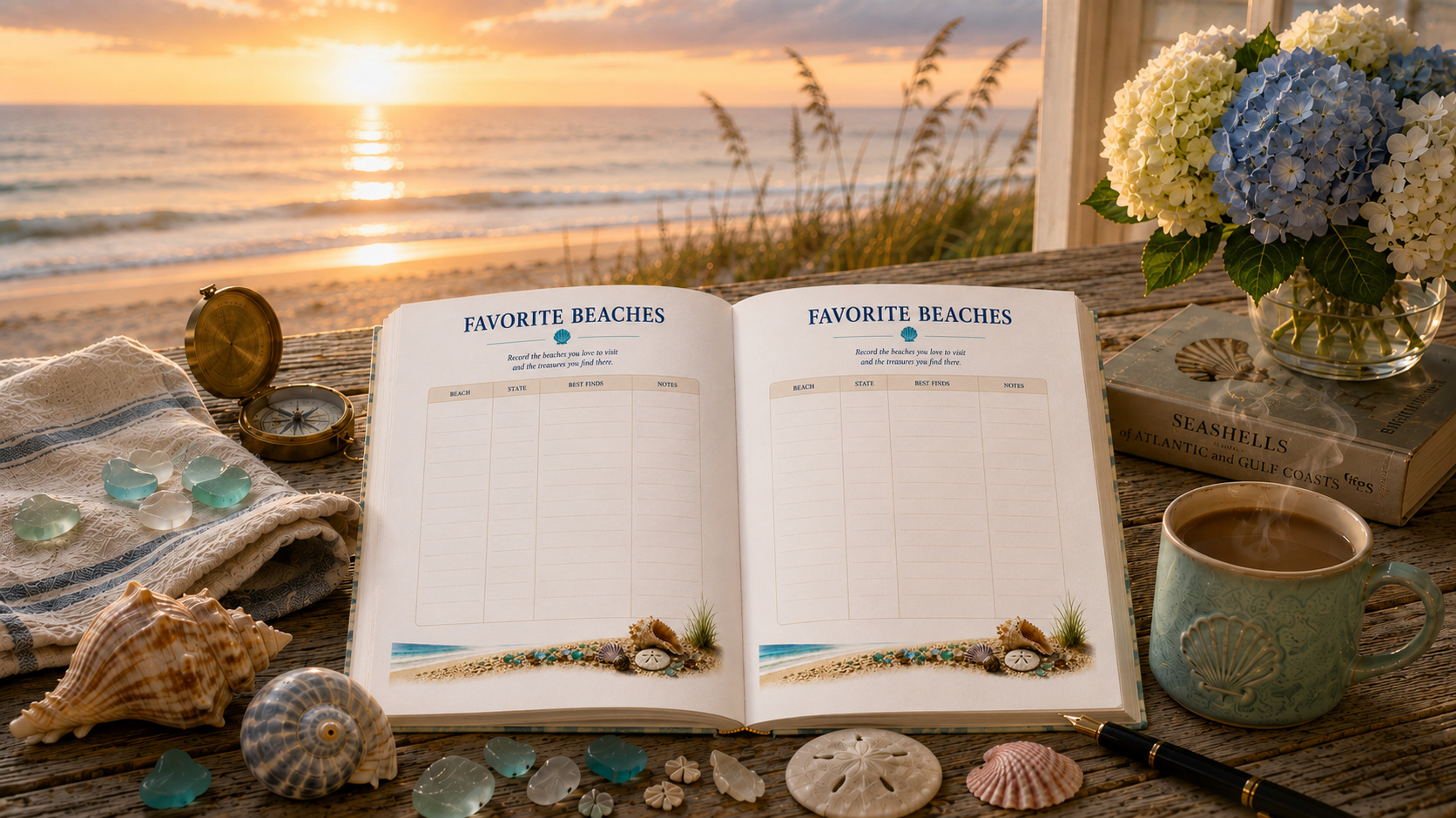 Shell Discovery Journal open beside a coffee mug at sunrise