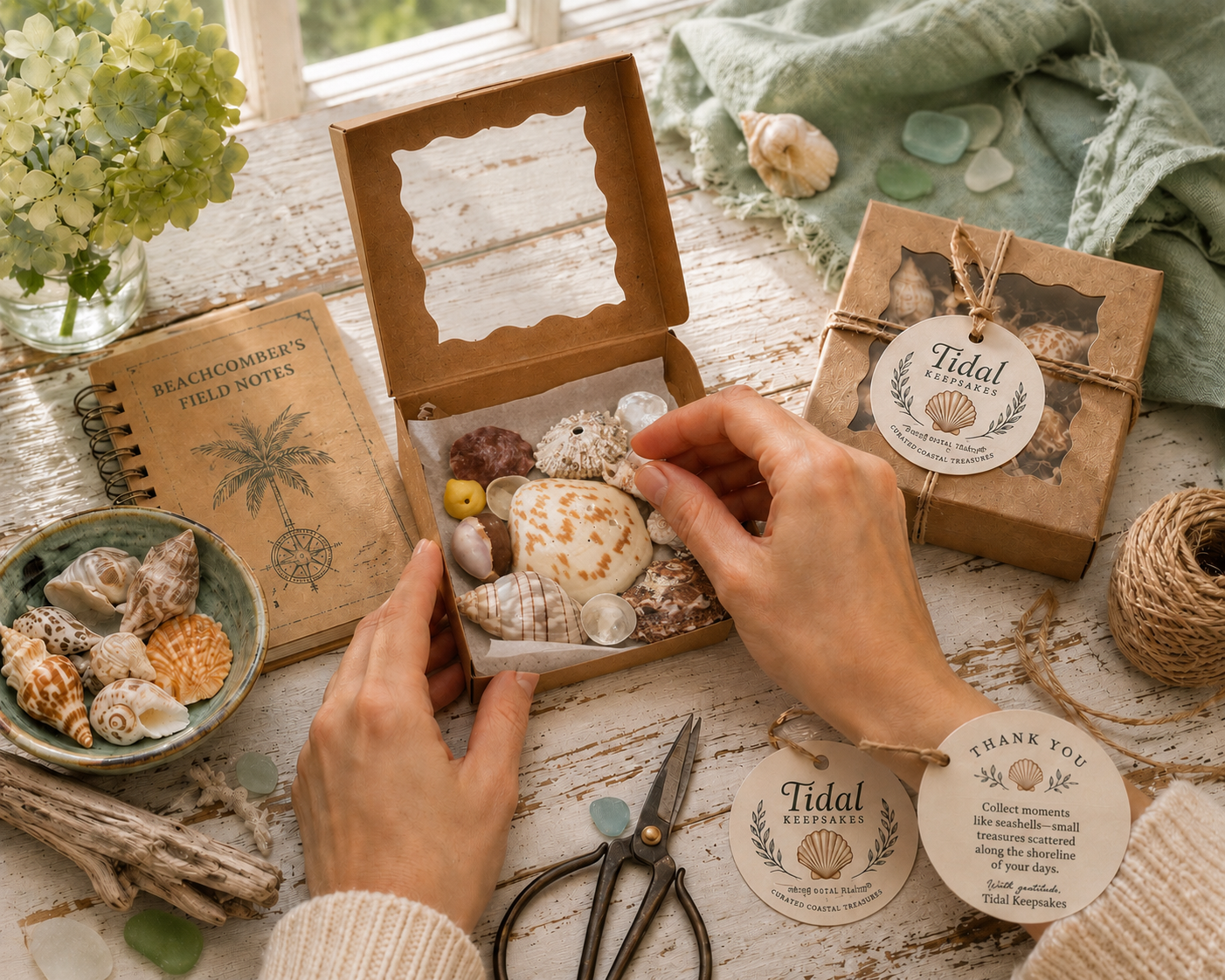 Mini Coastal Keepsake Box styled with linen and shells