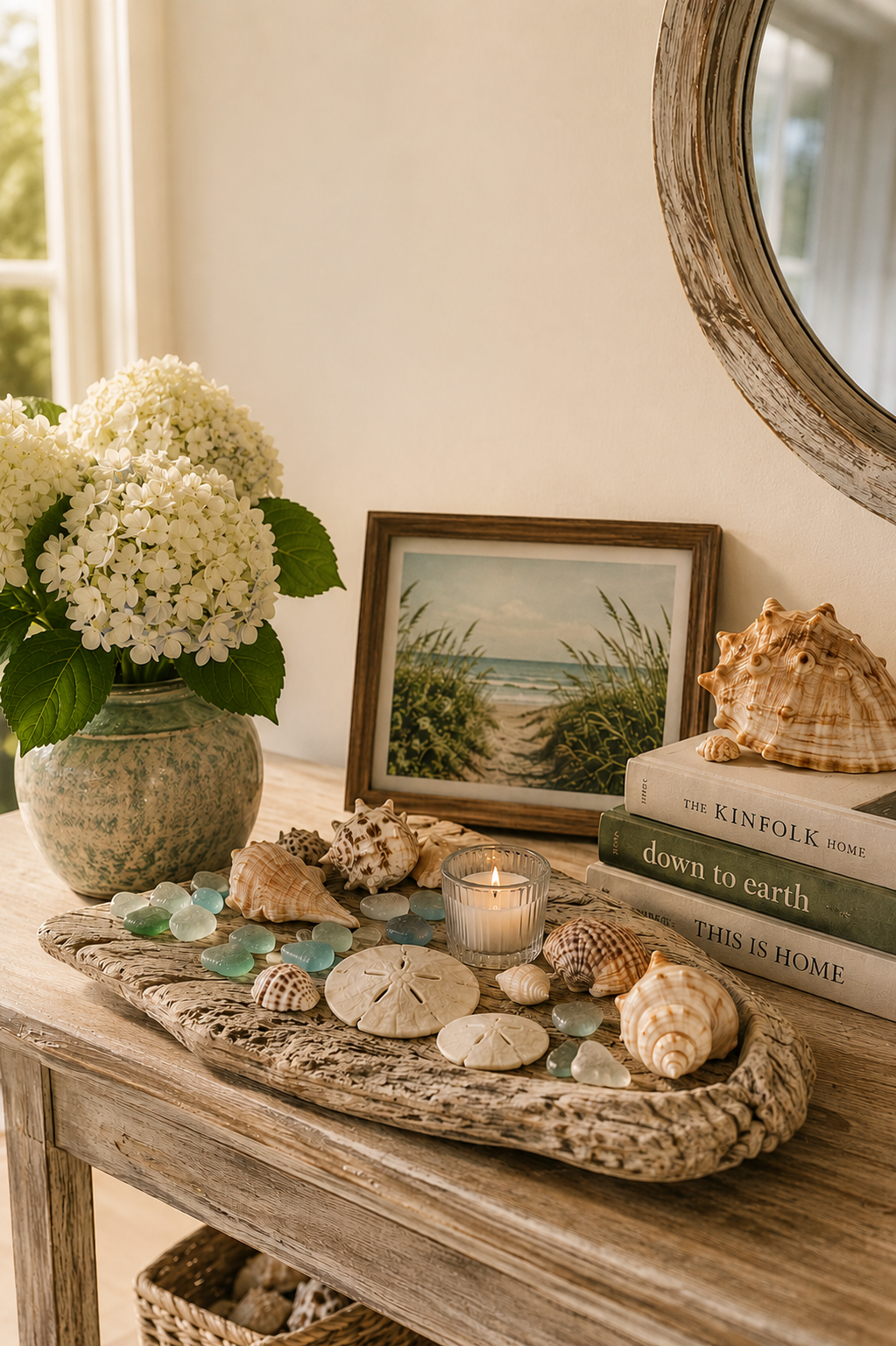 Coastal console table styled with shells, hydrangeas, and driftwood