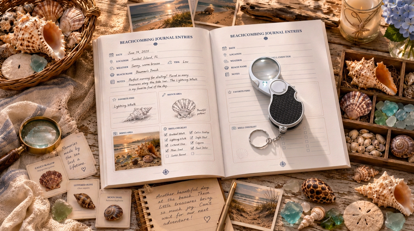 Professional hand lens resting on a coastal journal