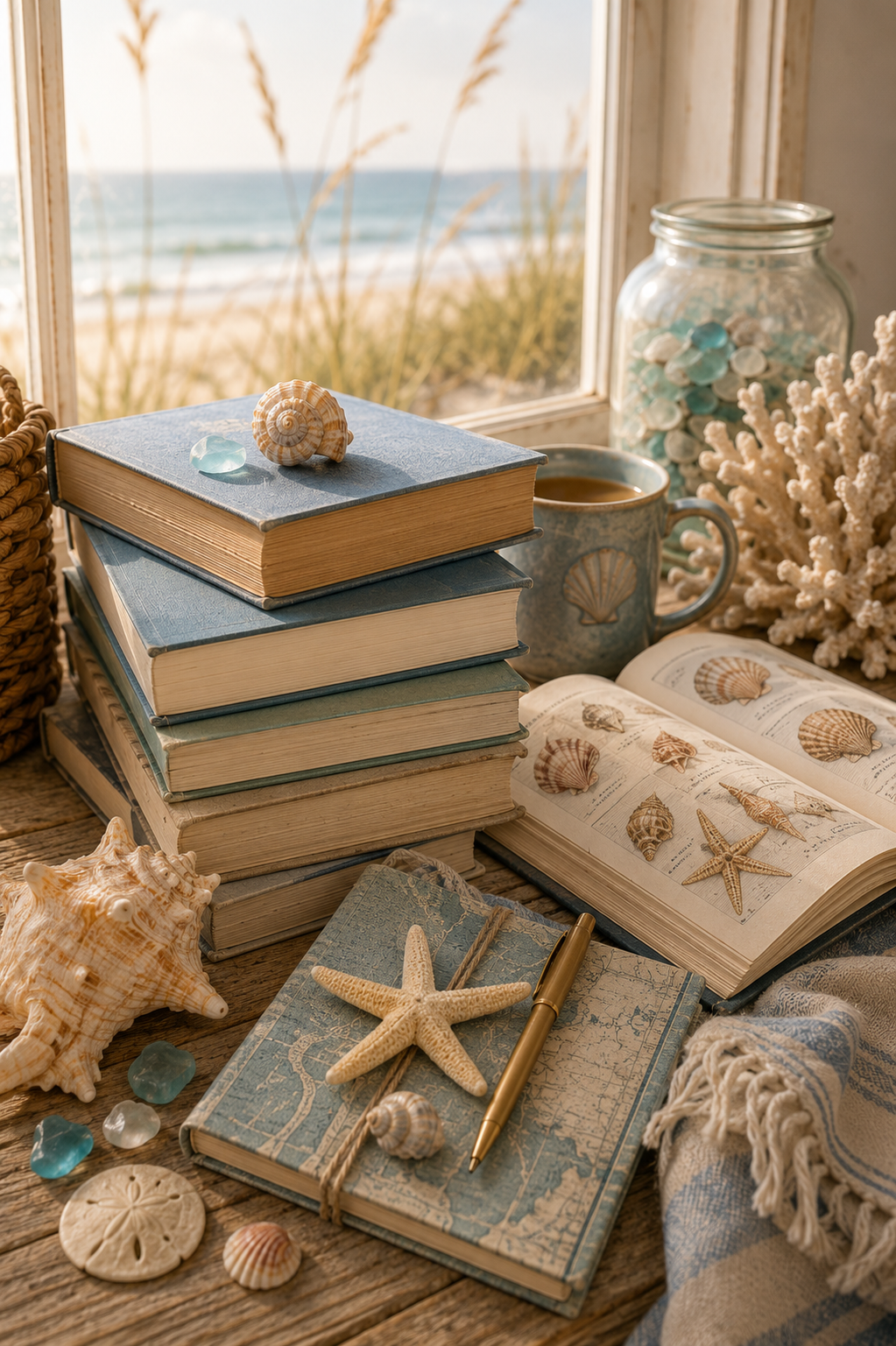 A stack of coastal books and field guides styled with shells