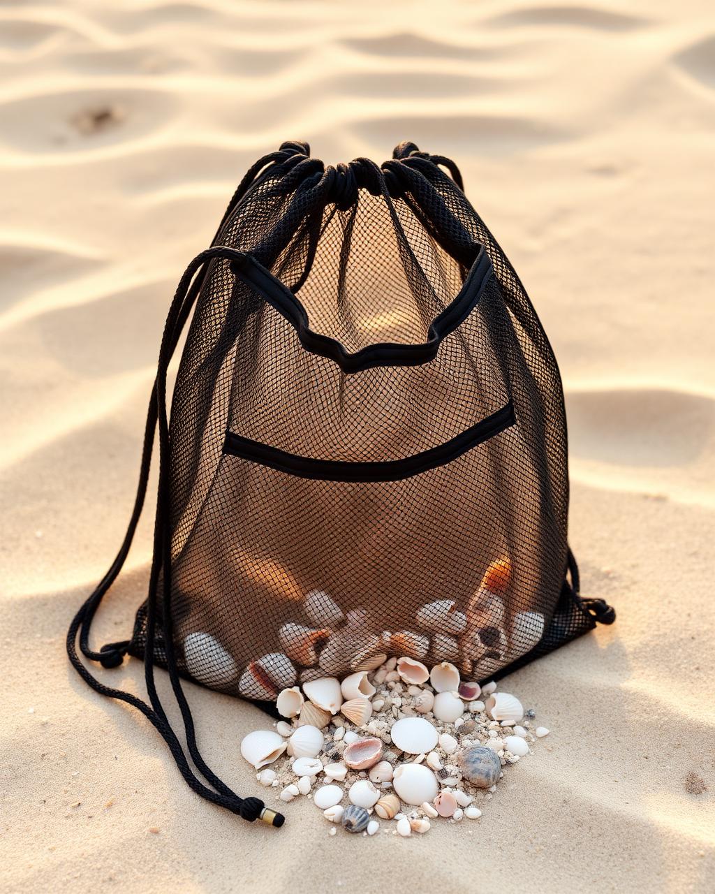 Natural cotton mesh shell collecting bag with seashells