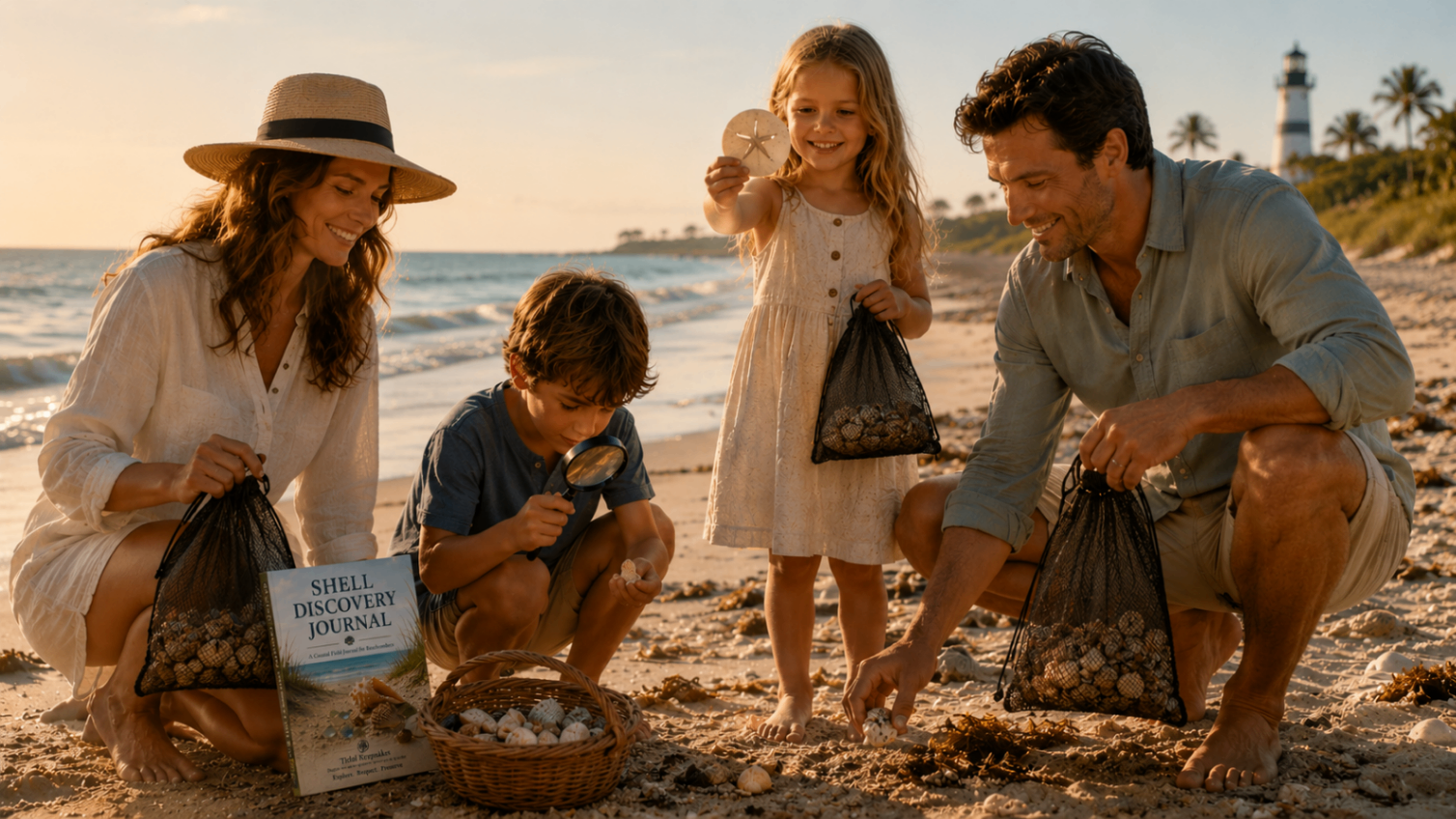 A family collecting shells together along the shore at sunrise