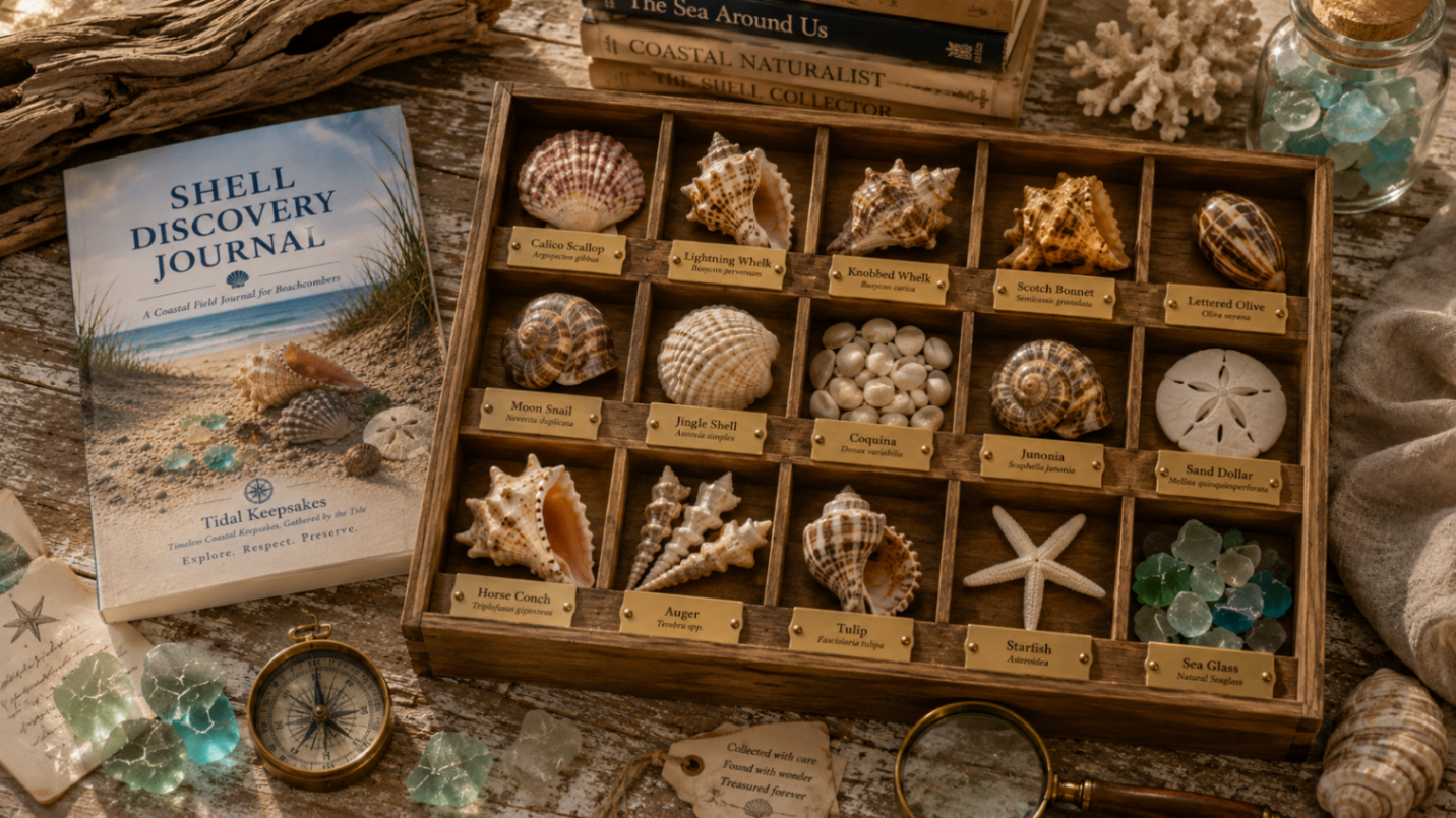 Curated wooden display tray of shells styled on linen