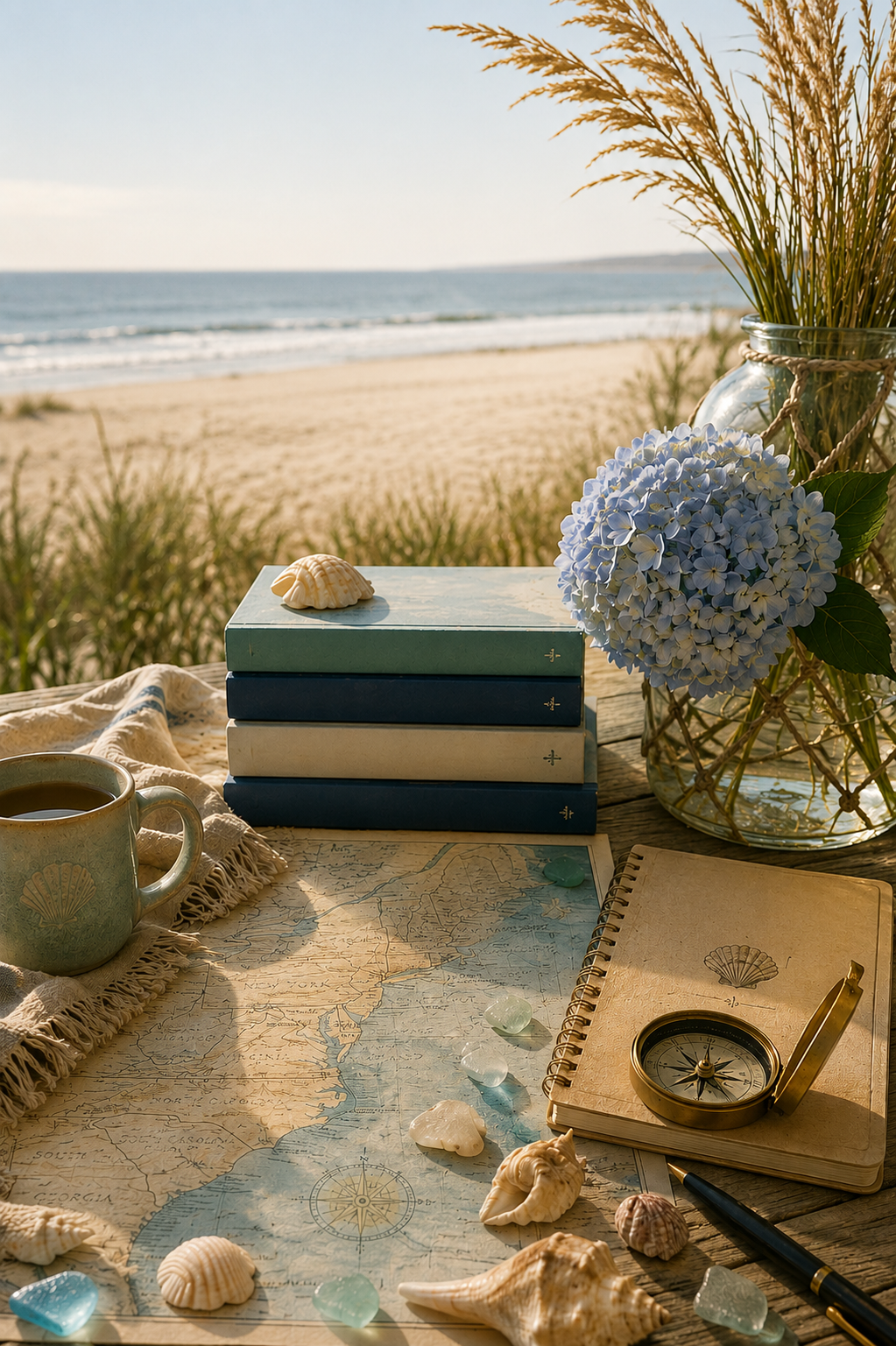 Coastal map, shells, compass, and coffee overlooking the beach