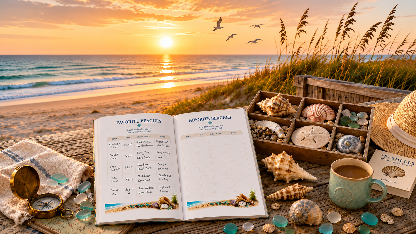 Sunset shoreline with the Shell Discovery Journal and gathered treasures
