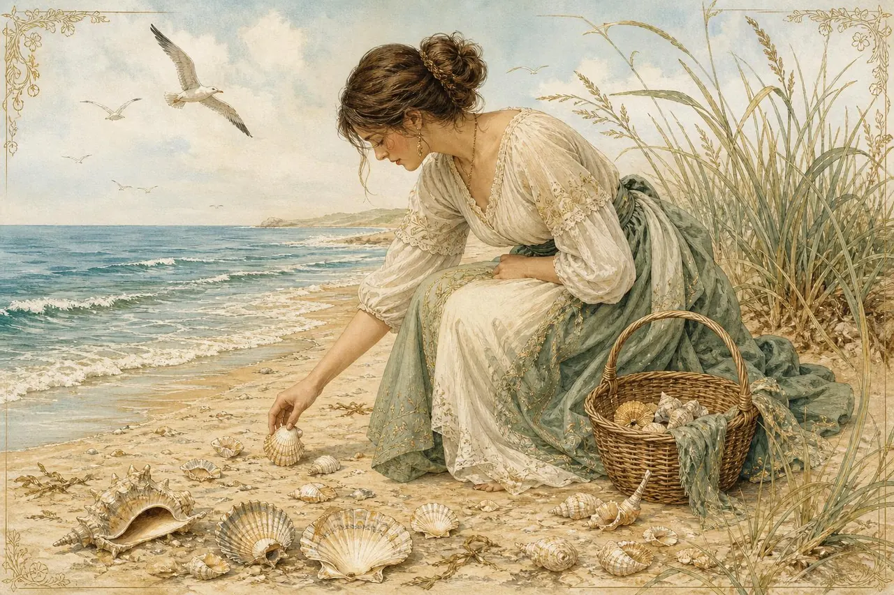A beachcomber gathering seashells along a sunlit shoreline, framed by dune grass and gulls overhead