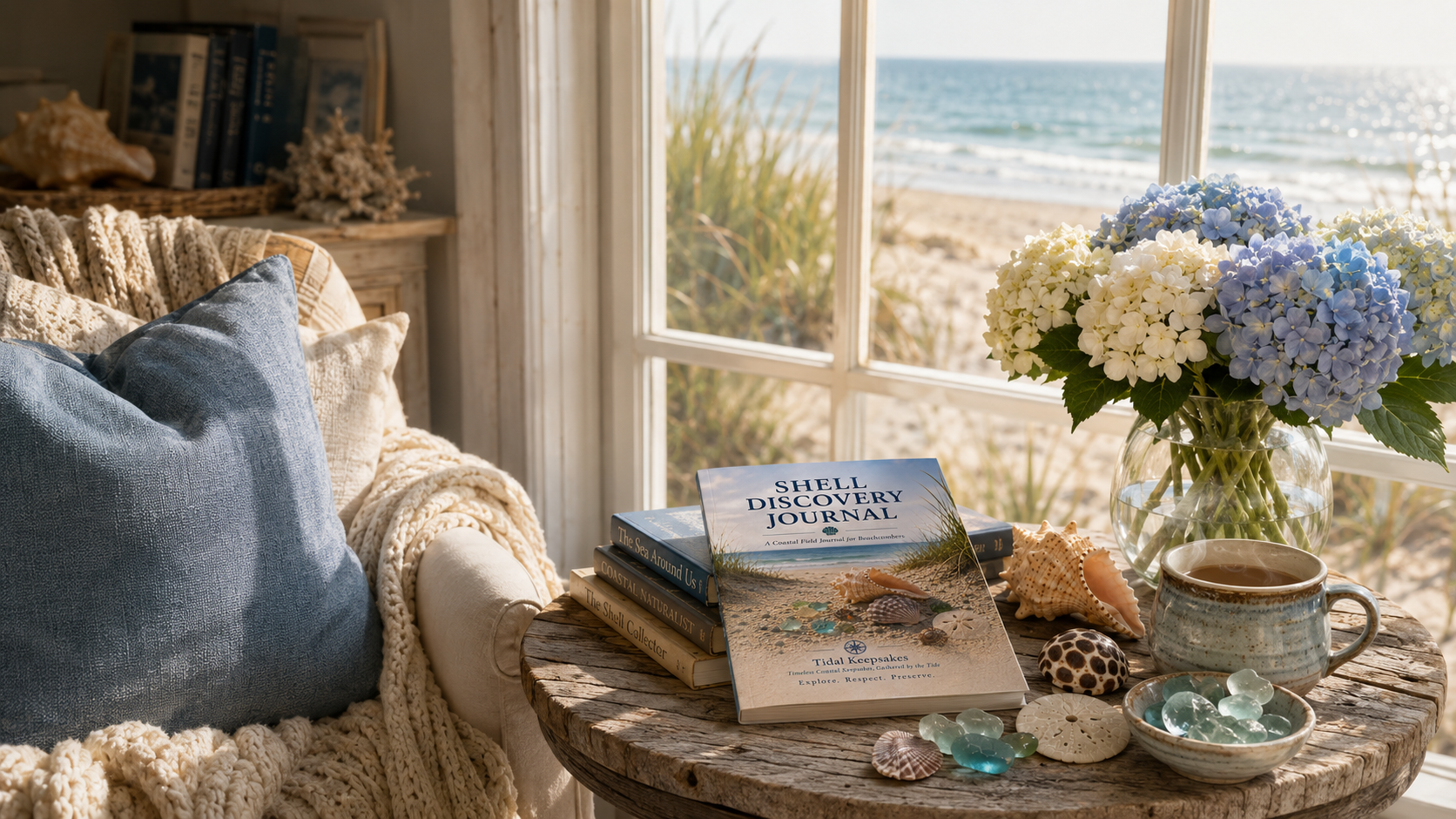 A quiet coastal reading corner at golden hour