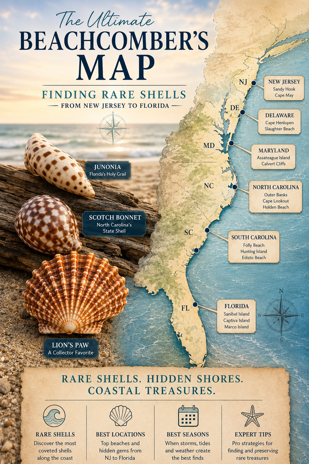 Collection of rare and colorful seashells displayed on weathered driftwood
