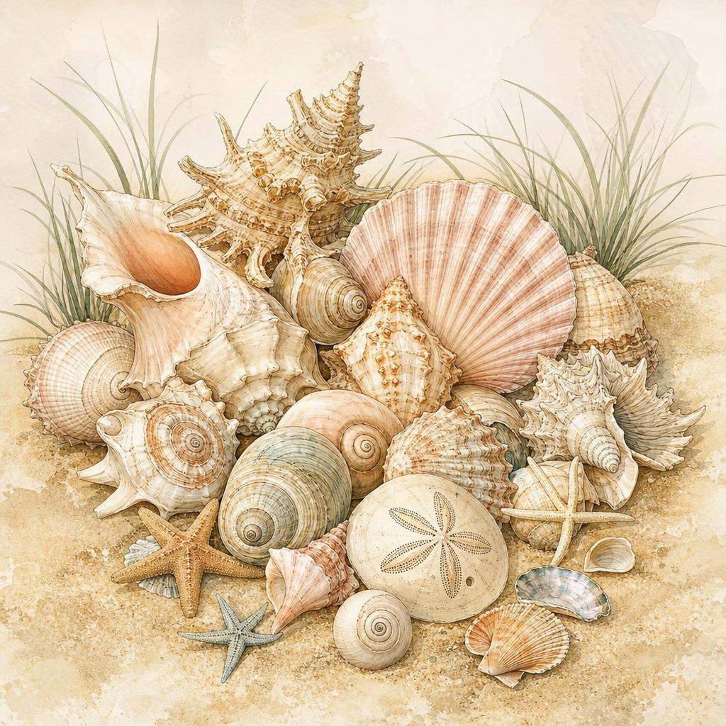 Seashells and a starfish arranged on linen