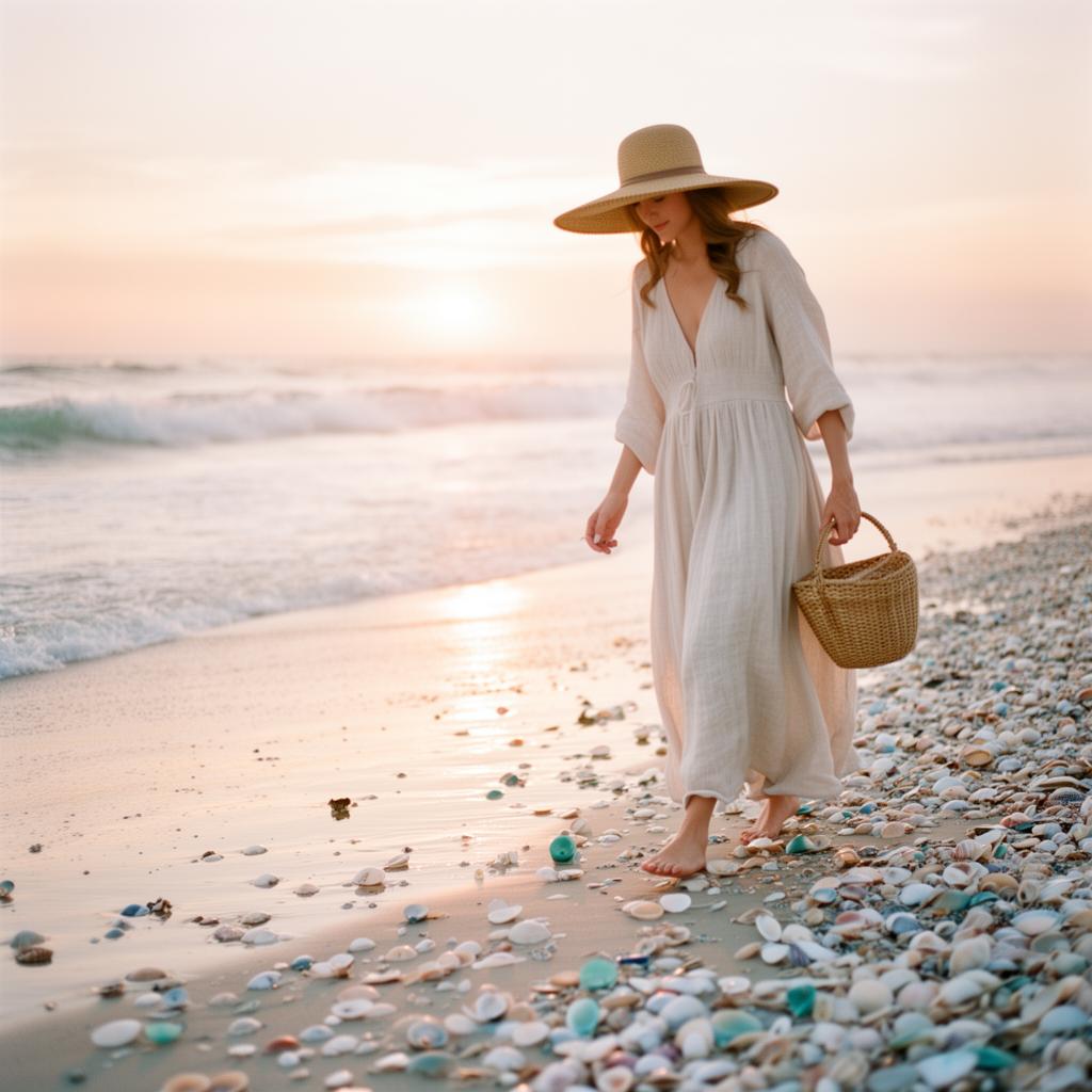 Beachcomber in a straw hat walking a shell-covered shoreline at sunrise with a woven basket
