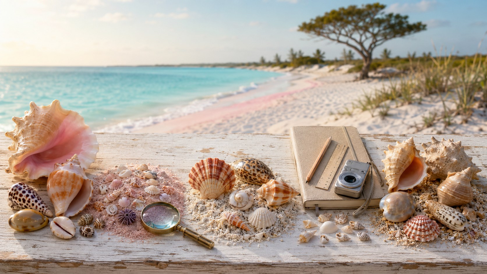 Five small curated seashell collections arranged on a weathered whitewashed coastal table, each suggesting a different shoreline