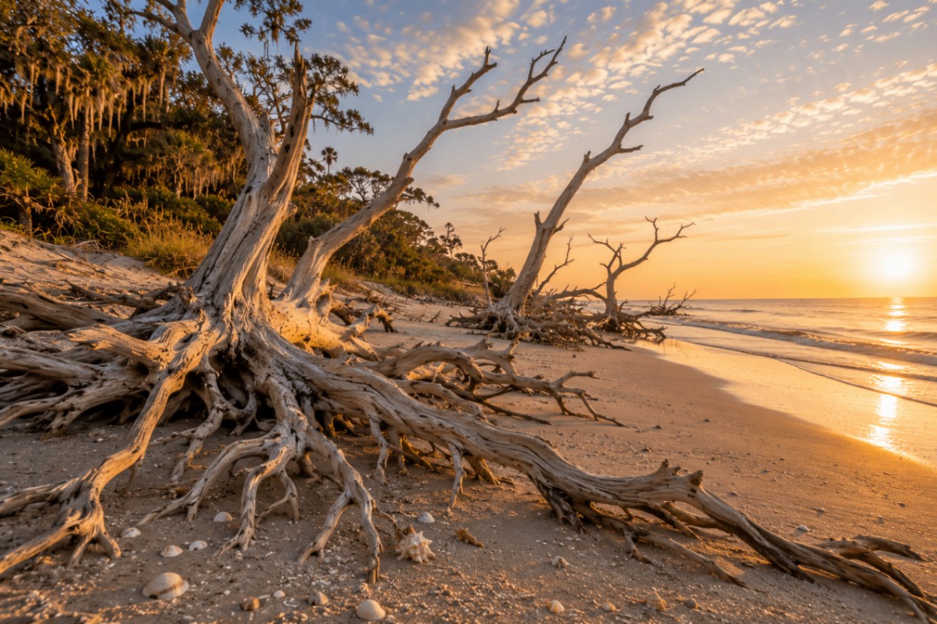 Driftwood and shells along a sunlit Atlantic barrier island shoreline